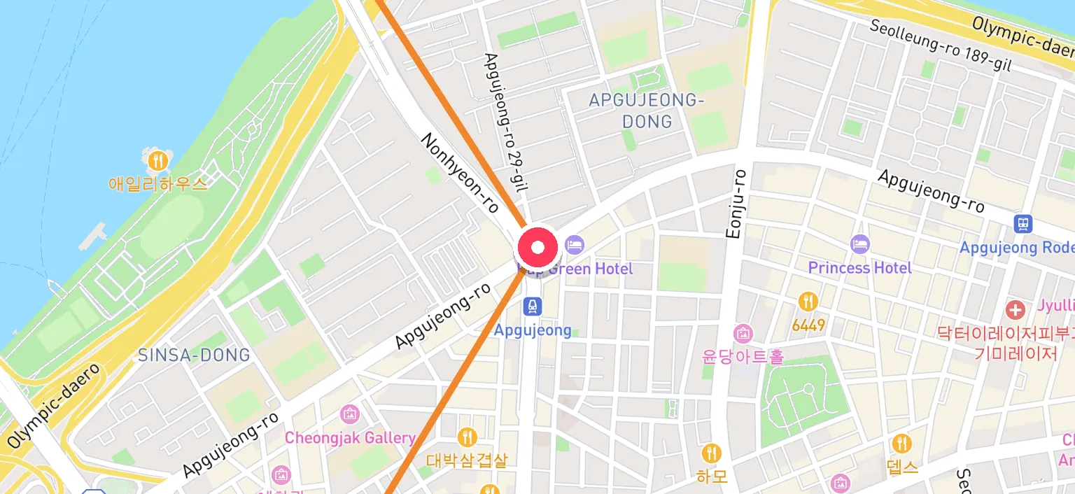 Map of Apgujeong Station and the surrounding streets