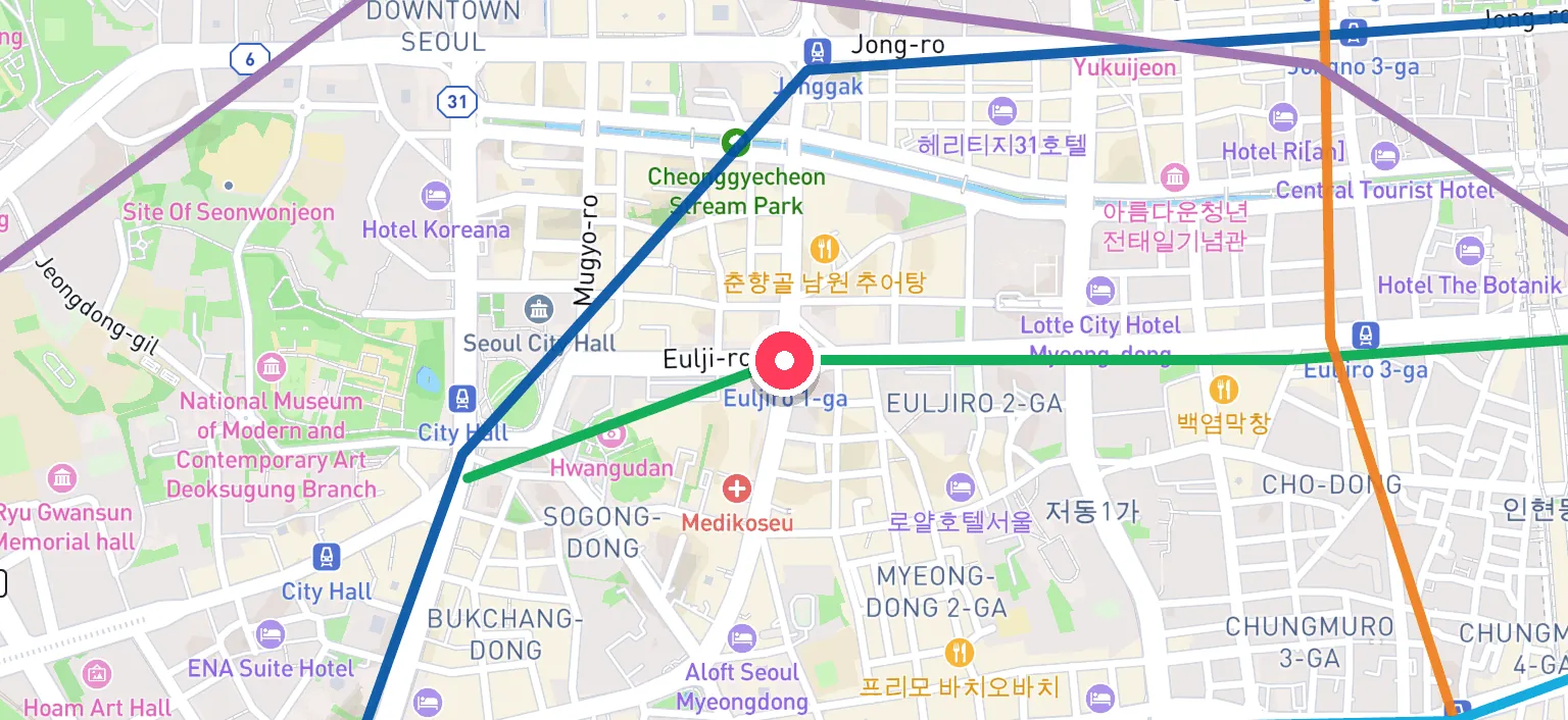 Map of Euljiro 1(il)-ga Station and the surrounding streets