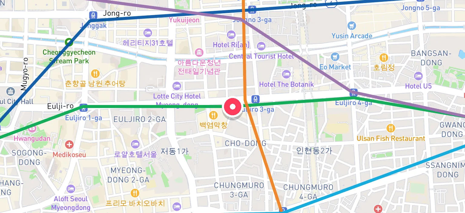 Map of Euljiro 3(sam)-ga Station and the surrounding streets