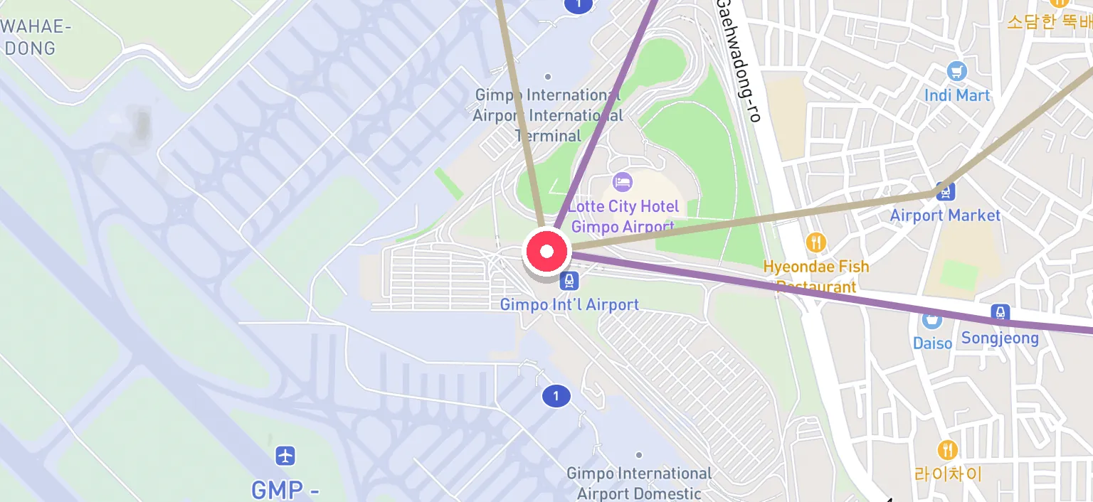 Map of Gimpo Int'l Airport Station and the surrounding streets
