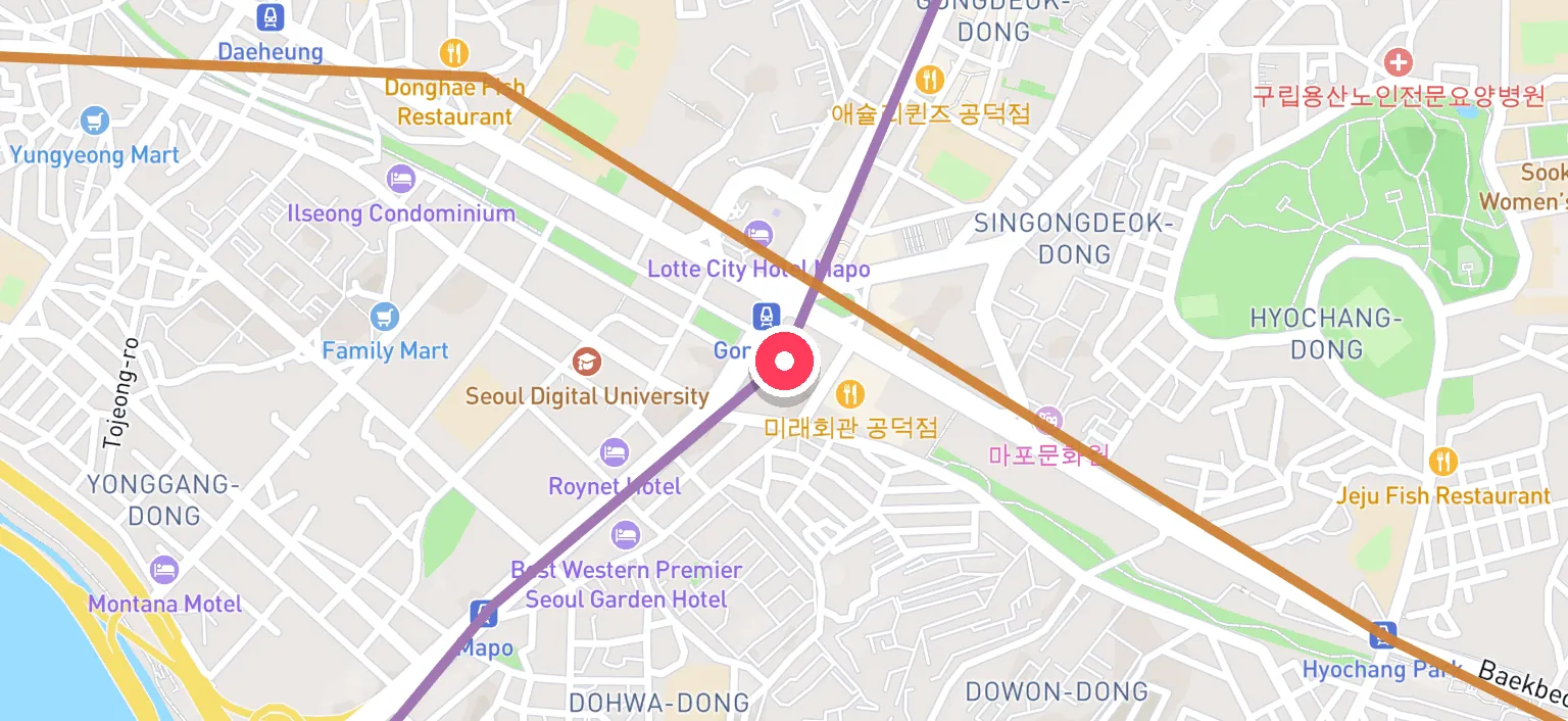 Map of Gongdeok Station and the surrounding streets