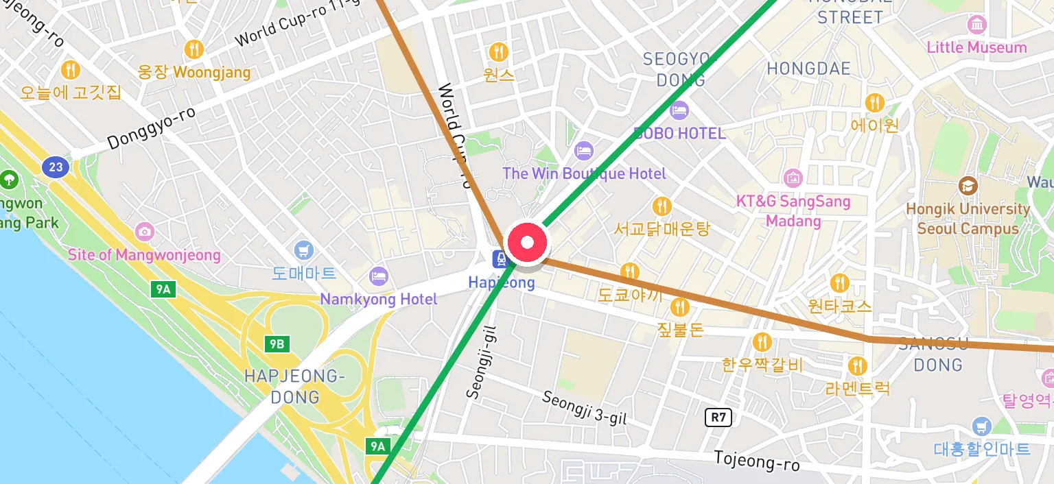 Map of Hapjeong Station and the surrounding streets