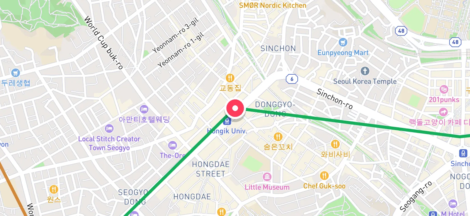Map of Hongik Univ. Station and the surrounding streets
