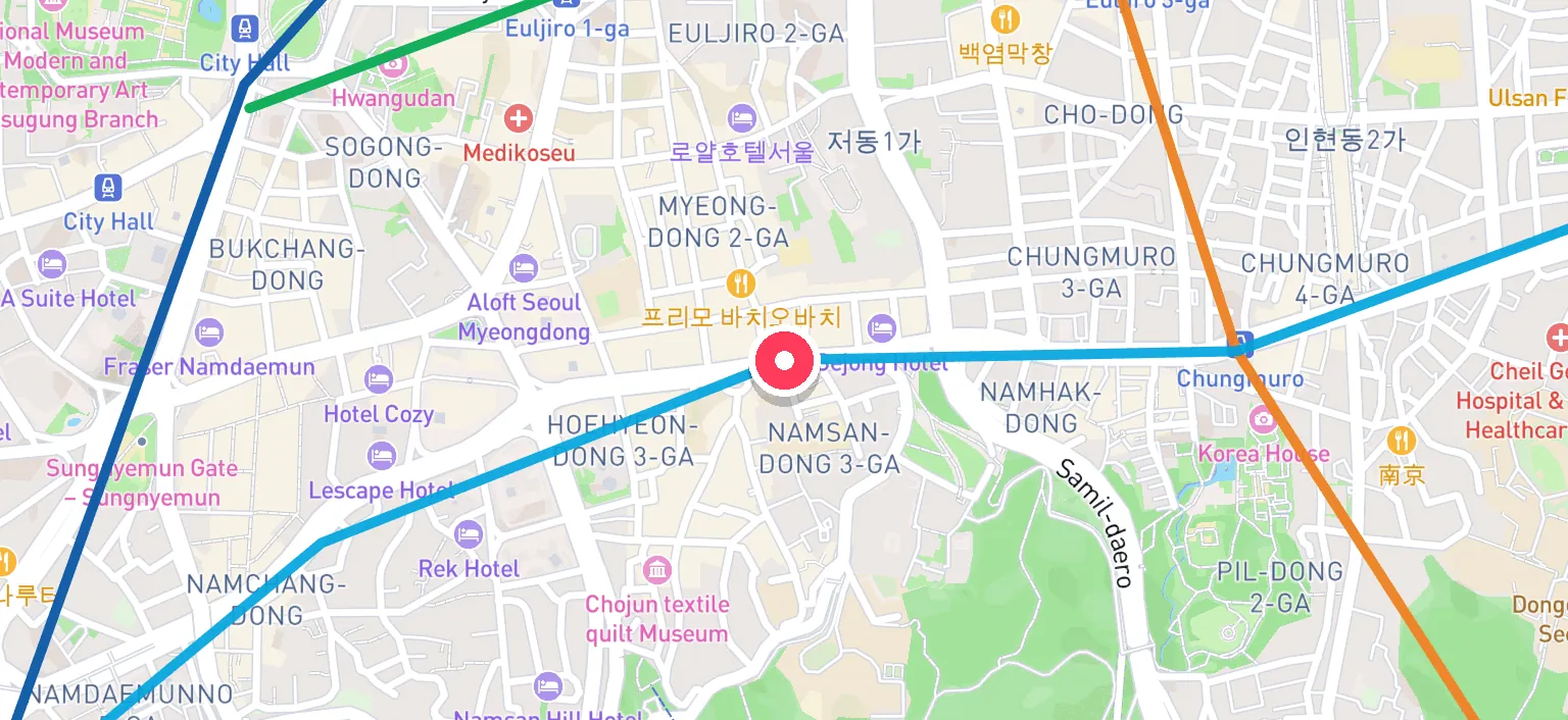 Map of Myeong-dong Station and the surrounding streets