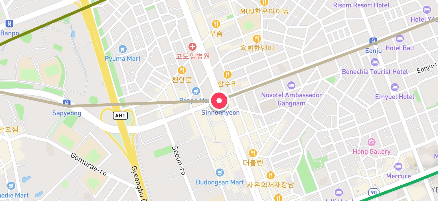 Map of Sinnonhyeon Station and the surrounding streets