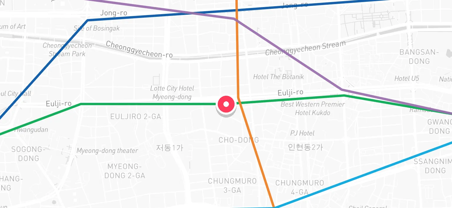 Map of Euljiro 3(sam)-ga Station and the surrounding streets