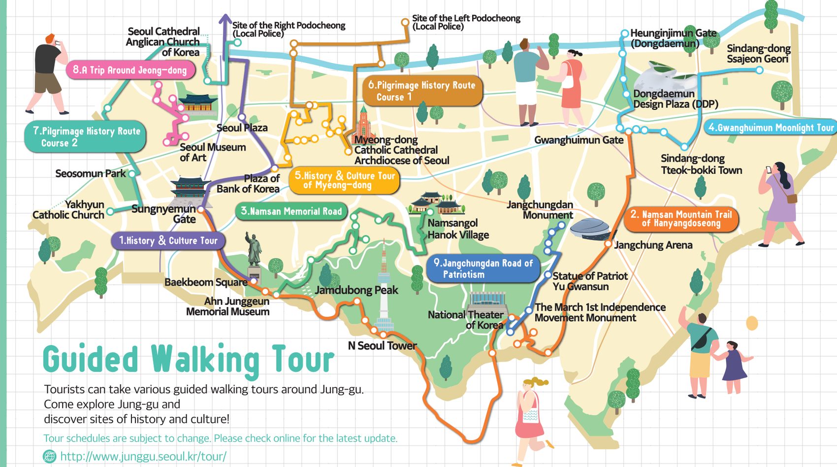 Illustrated map of the nine Jung-gu guided walking course routes