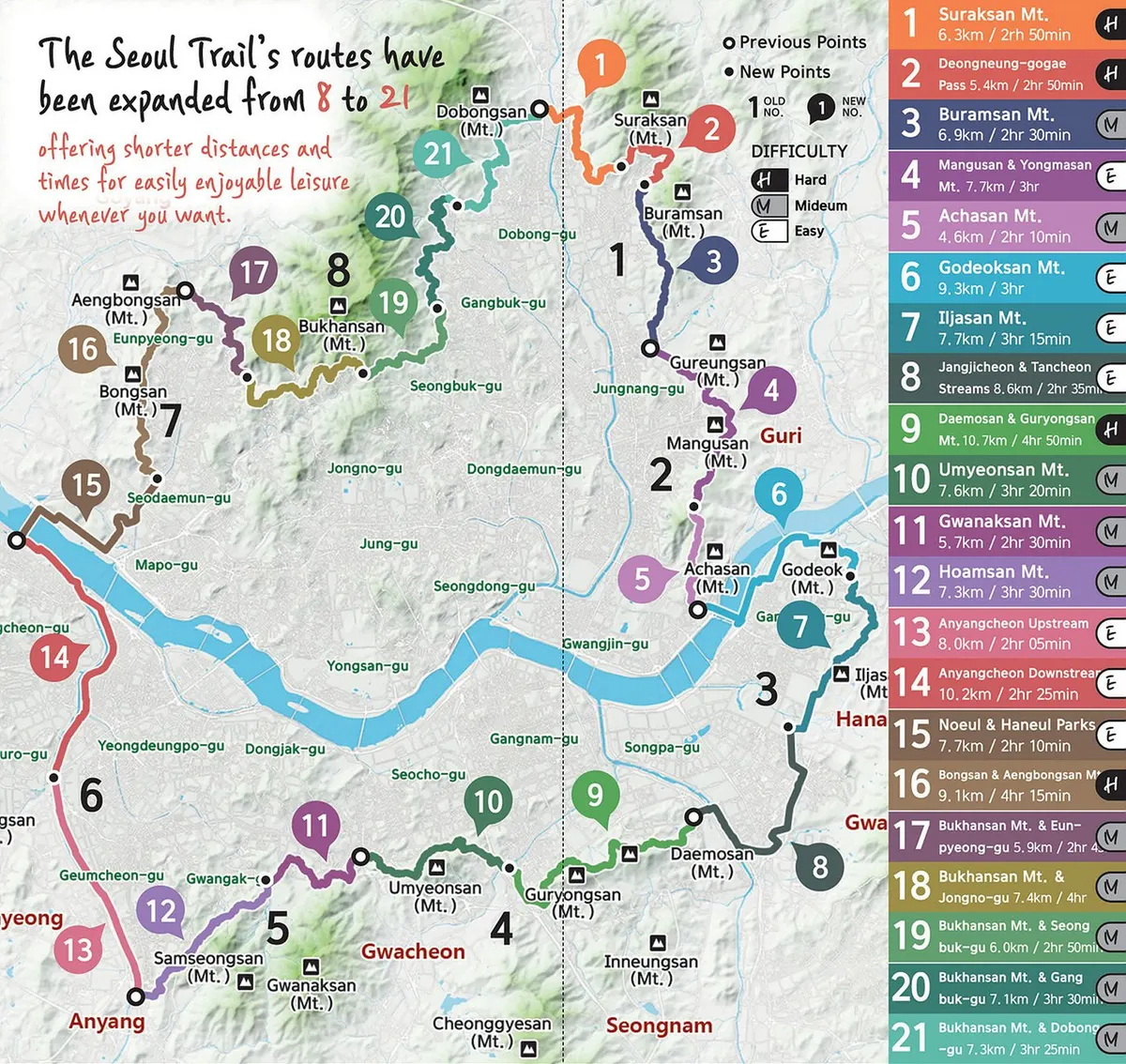 Topographic map of Seoul showing all 21 trail courses color-coded